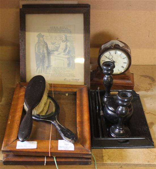 Moulded clock, 2 frames, ebony dressing table set